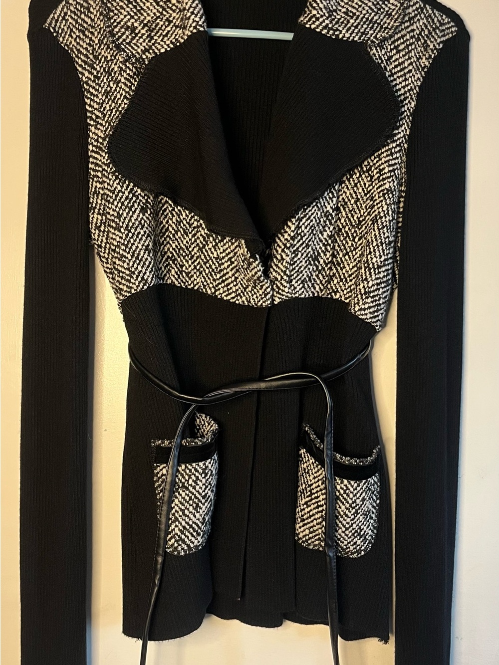 Black and White Open-Front Women's Sweater Cardigan with Belt